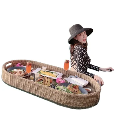 
Hot Spring Woven PE Rattan Floating Fruit Tray Outdoor Swimming Pool furniture Water Boat Type Breakfast Baskets 