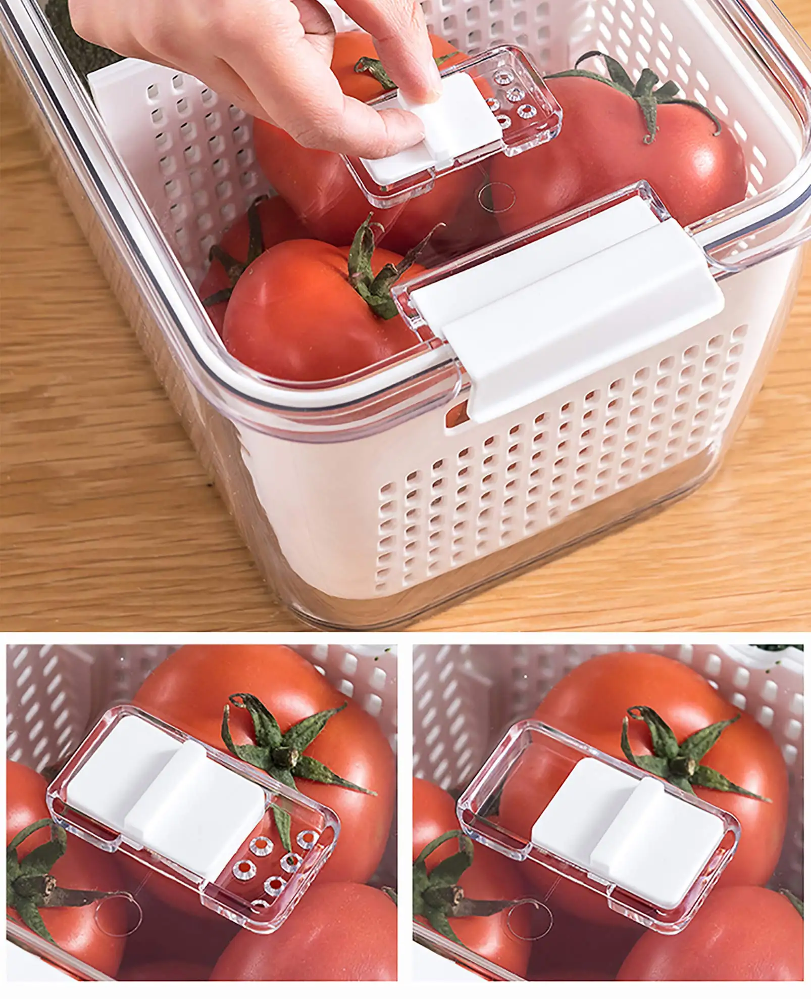 3 Pack Plastic White Produce Saver Container, Vegetable Fruit Storage Organizer Bins Fridge Container Box with Divider