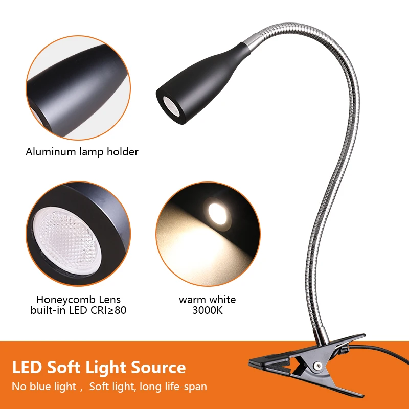 Eye-Caring LED Reading Light 360° Flexible Clip on headboard lamp 3W 3000k Desk Lamp with Clamp for Workbench
