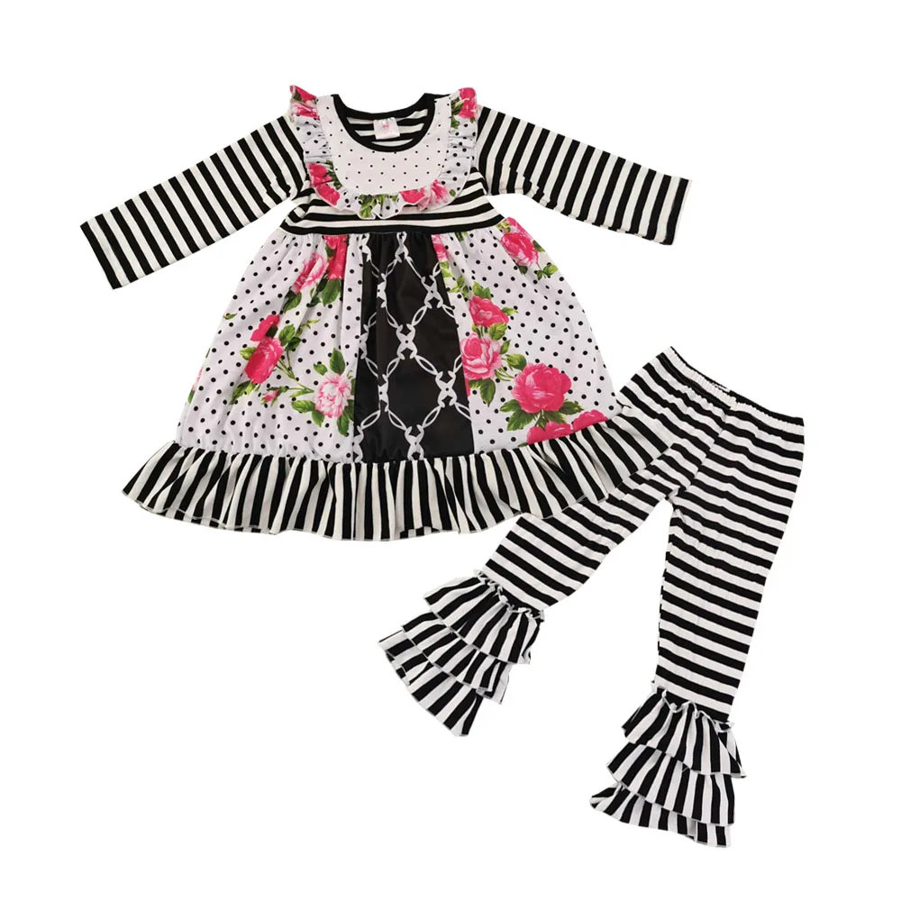 Hot sale baby girl boutique floral ruffle clothes set fall winter toddler girls outfits