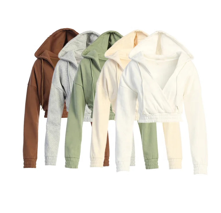 2022 Spring new high quality custom logo women cotton french terry overlap at front jumper sweater crop top hoodie sweatshirt
