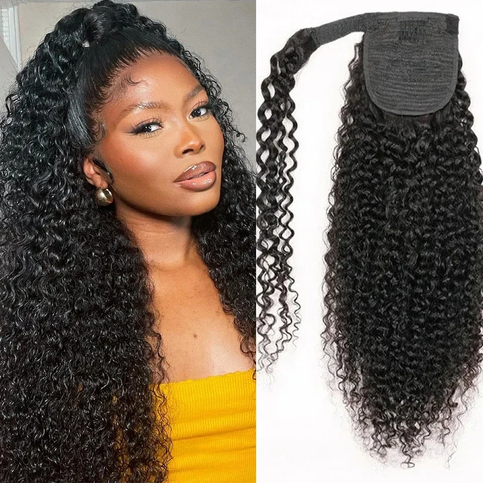 Wholesale Wrap Around Water Wave Ponytail Extensions Human Hair Magic Paste Curly Wave Ponytail Remy Human Hair Natural Color