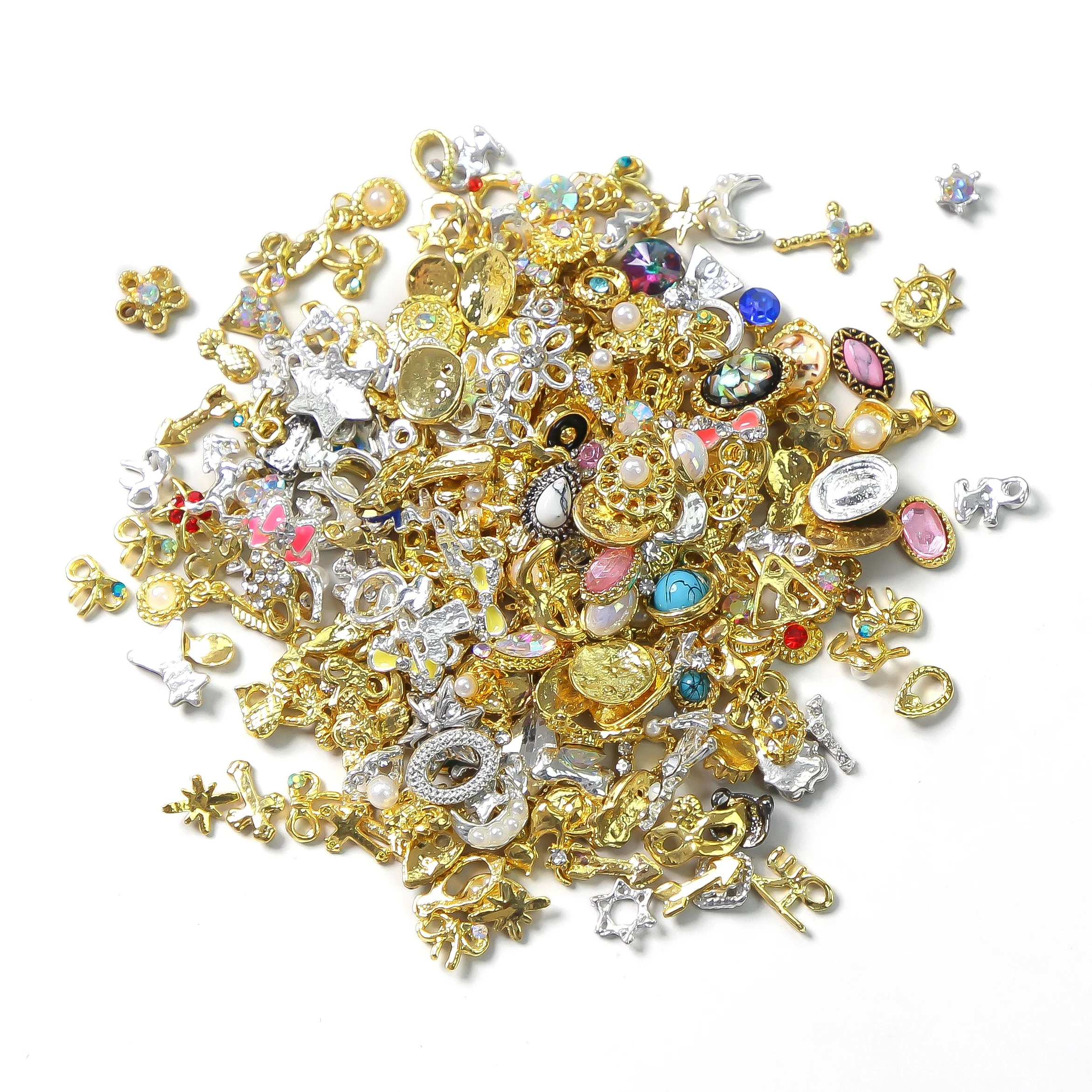 50Pcs/Lots Mix Design Nail Charms Decorations Alloy Gold Silver Metal Nail Charms Manicure Jewelry 3D Charms