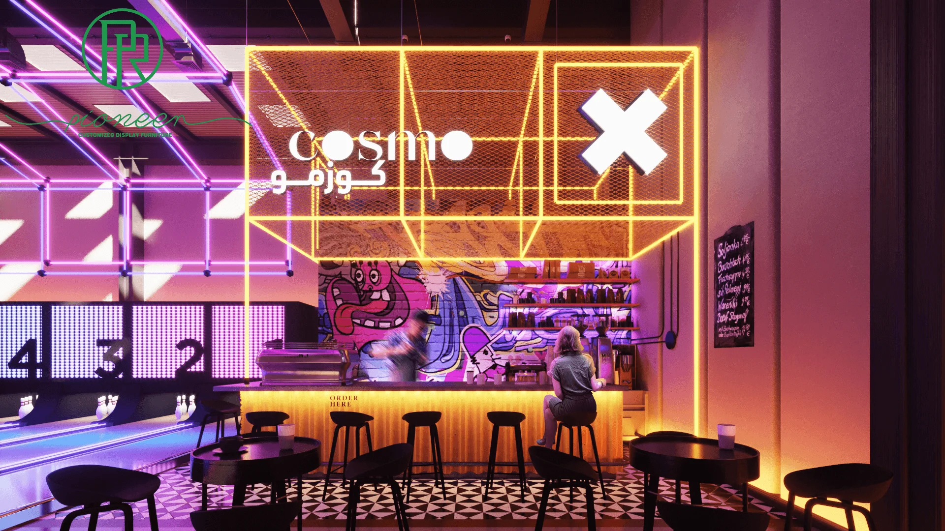 Amazing bowling alley design custom bowling center bar counter bowling restaurant lounge furniture