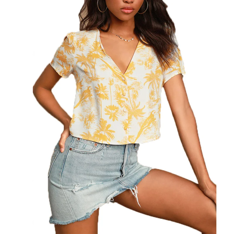 
Summer beach style, yellow coconut tree print V-neck blouse with short sleeves and buttons 