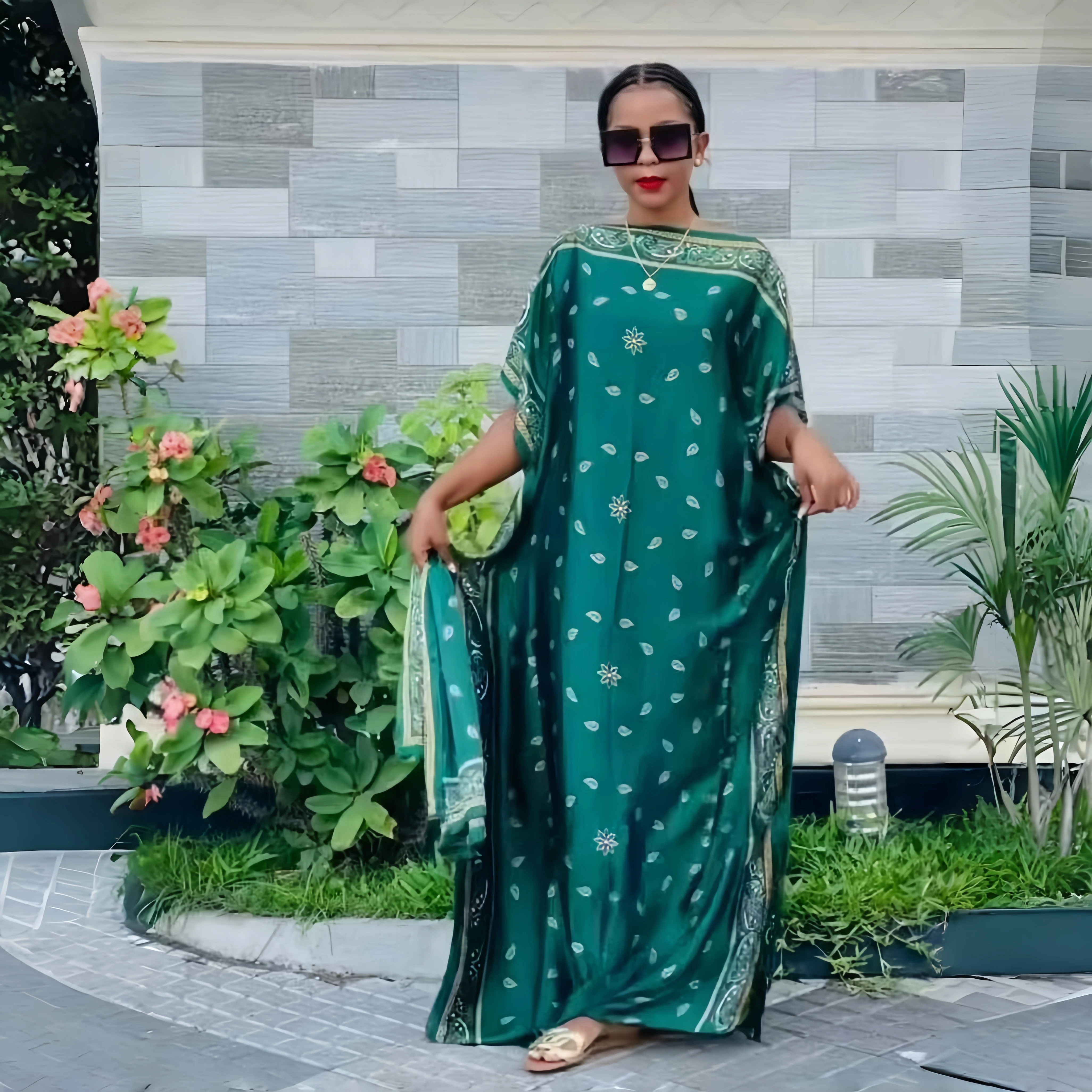 Wholesale luxury designer silk printed robes with headscarf ethnic style african loose women polyester silk muslim kaftans gowns