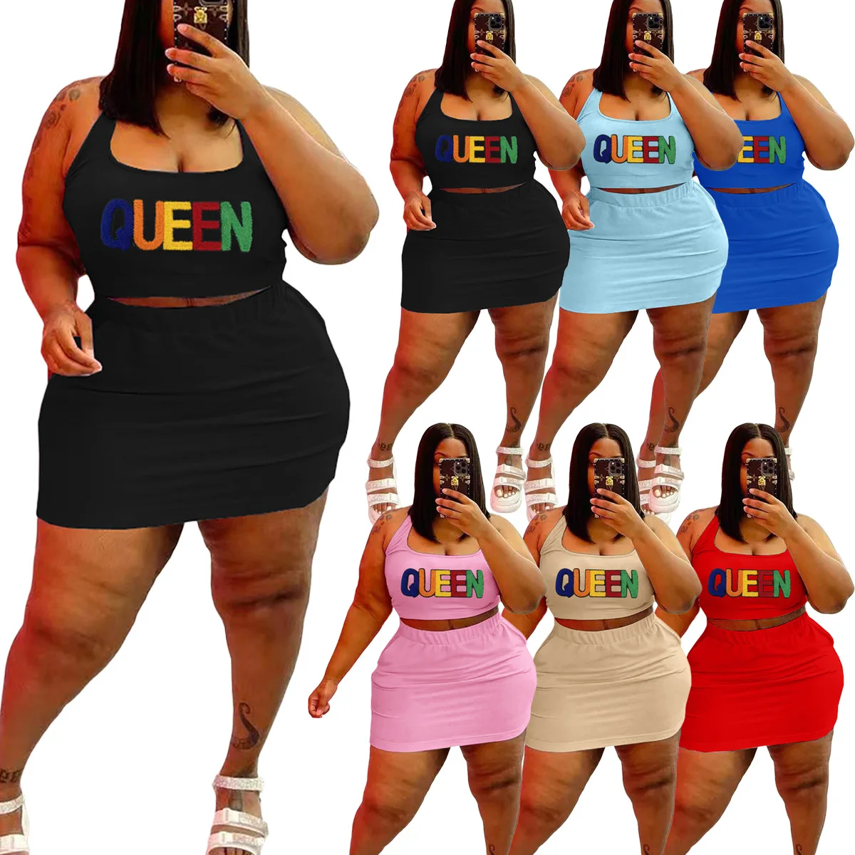 2022 hot selling Summer Sexy Embroidery Sleeveless Plus Size Women Clothing 2Pc Skirt Sets Dress Outfits Two Piece Skirt Se