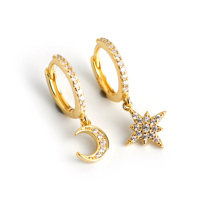 Fashion 925 Sterling Silver earrings Cute Minimalist Moon and Star Gold Plated earring jewelry for Women