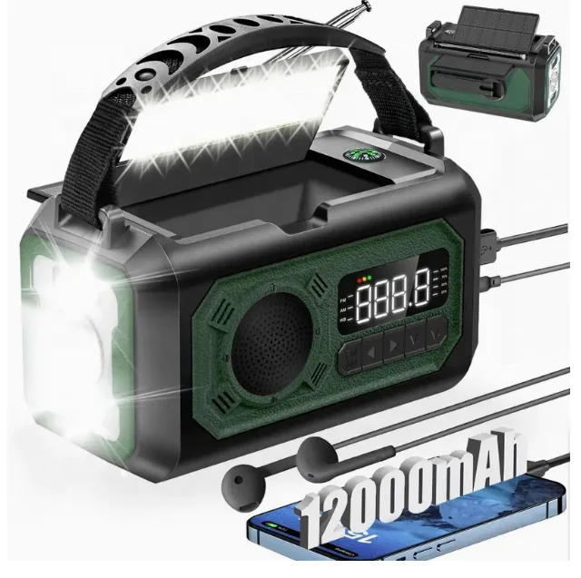 Hot sale outdoor camping hand crank power generation energy storage radio 12000 mA solar flashlight rechargeable treasure radio