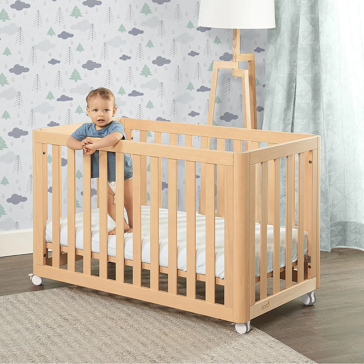 Boori Modern Nursery Furniture Wooden Height Adjustable Baby Cot With Wheels and Bedroom Chest of Drawers