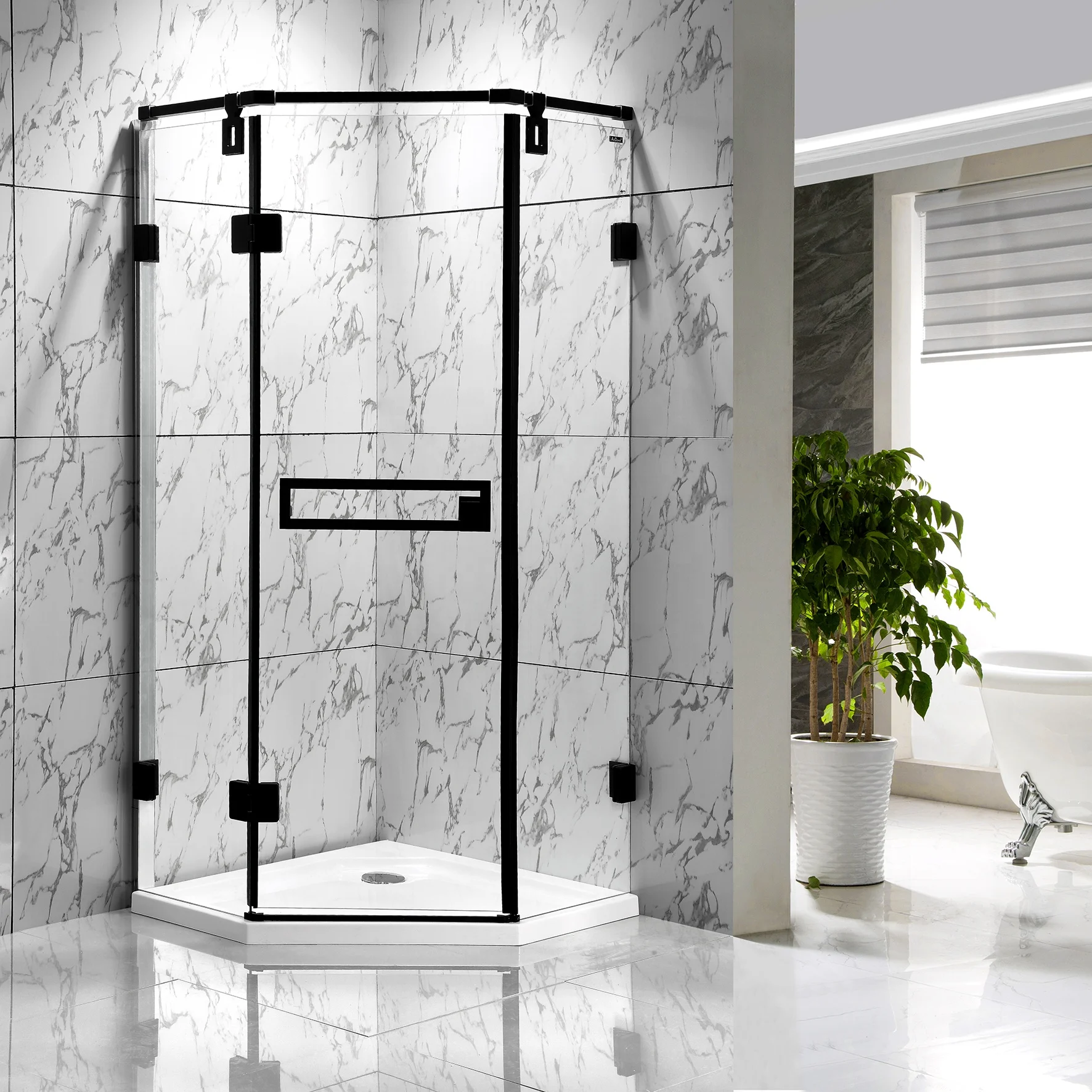 Simple clear corner black painted aluminium glass Diamond shape hinged door shower enclosure