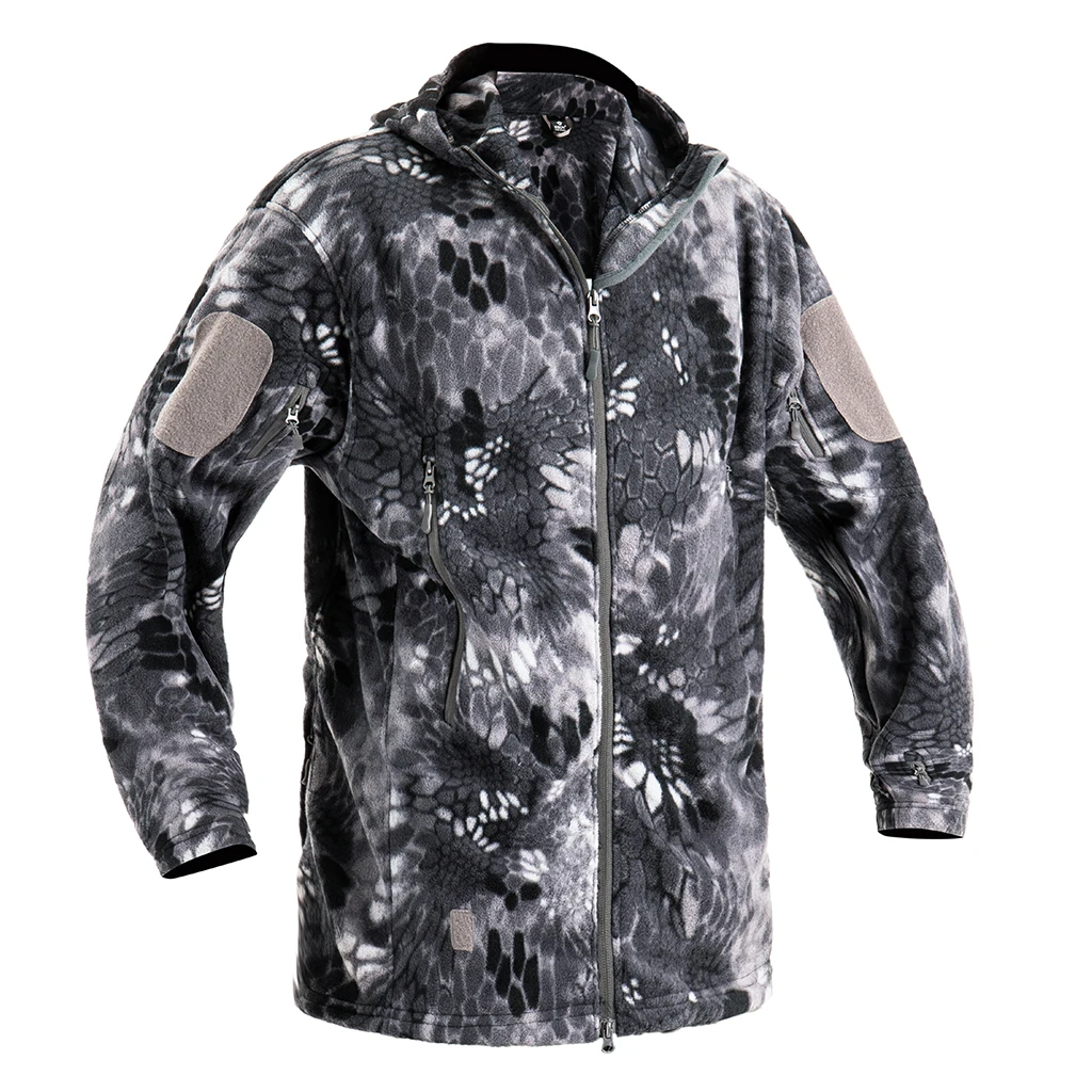 Versatile Black Python Camo Hooded Fleece Jacket 100% Polyester Material Ideal for Tactical and Outdoor Wear