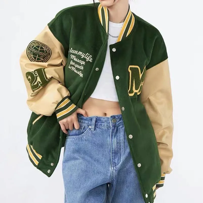 OEM custom winter hooded coat industries flocking bear embroidery crewneck loose varsity jacket for men