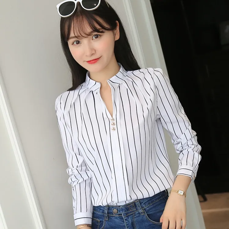 
Loose stripe stand collar blouse long sleeve white female summer and autumn new versatile casual shirt 