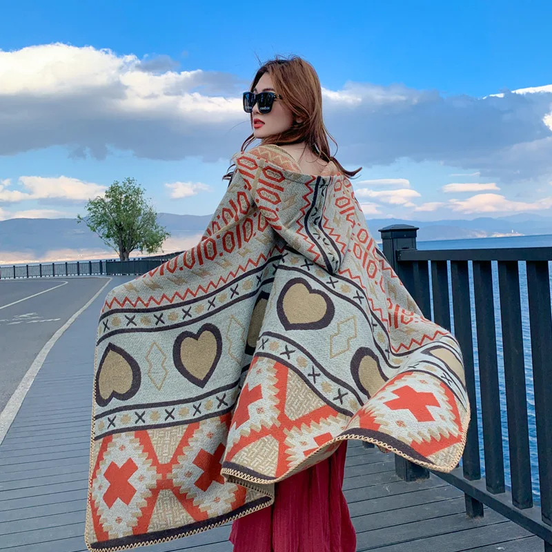 Large cashmere double side shawl geometric jacquard printed pocket thermal soft trim hood cape