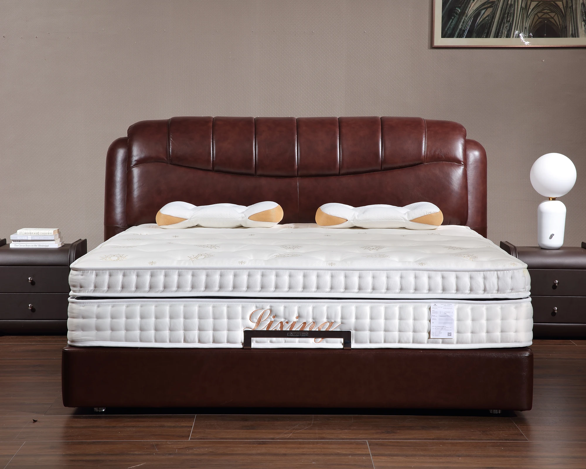 luxury modern style genuine leather bed upholstered bed with thick headboard
