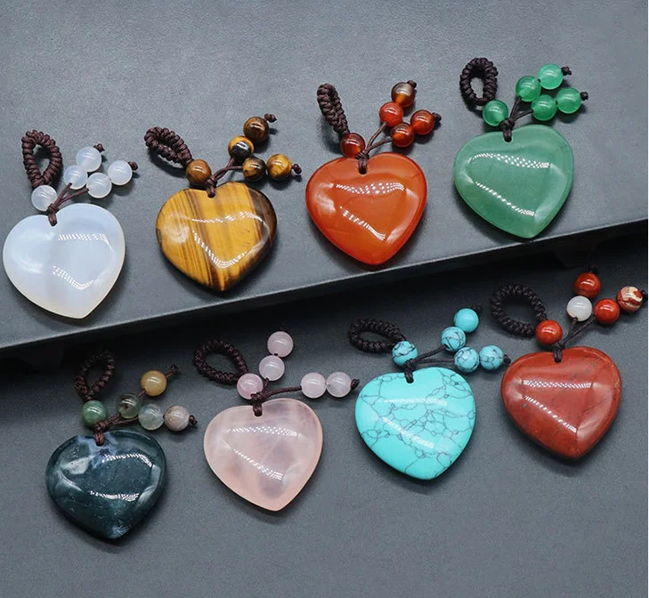 Agate crystal stone 30mm love braided keychain pendant various heart-shaped natural stone heart pendants