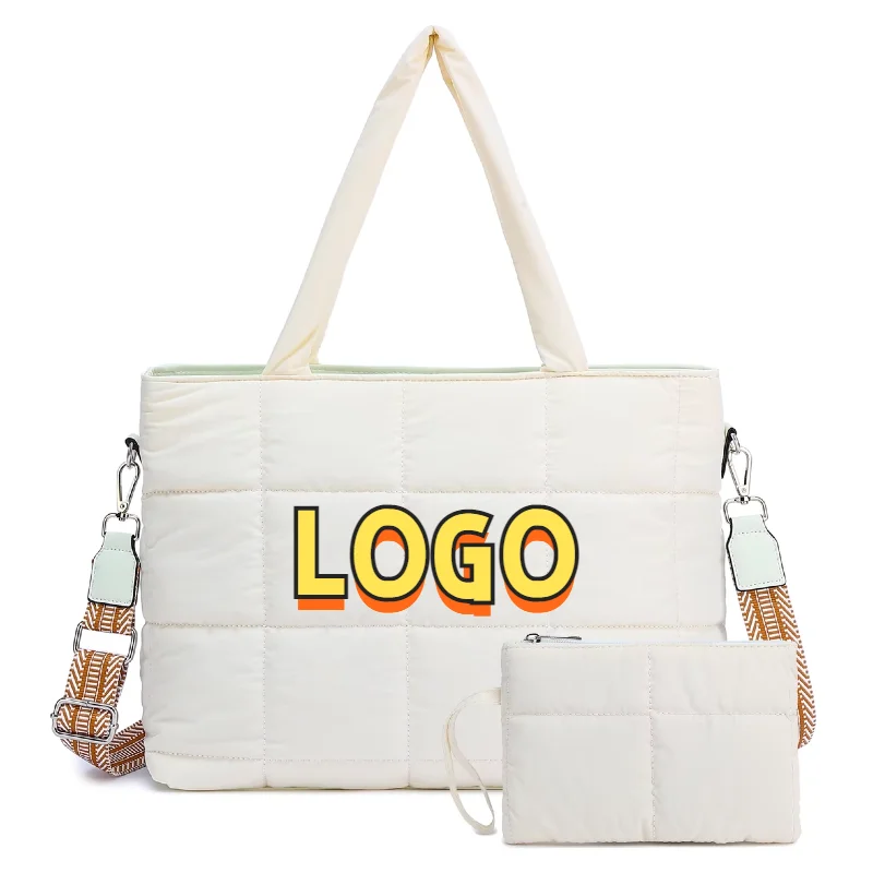 Custom Carryall Shopping Puffy Cotton Side Laptop Bag Quilted Shoulder Puffy Handbag Quilts Puffer Bags Tote for Women Travel