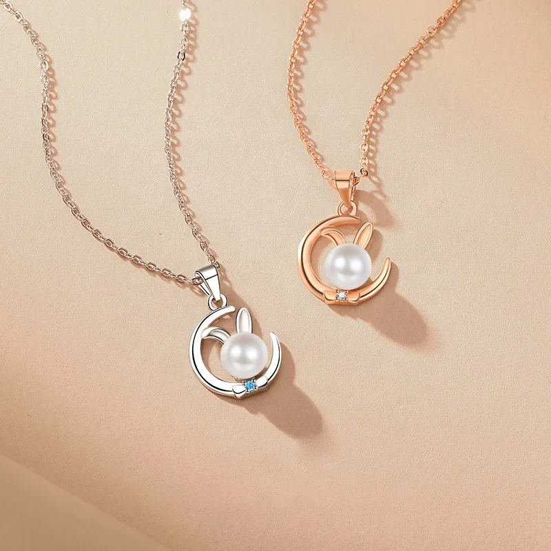 S925 sterling silver pearl moon rabbit necklace female ins zodiac rabbit light luxury niche design temperament collarbone chain