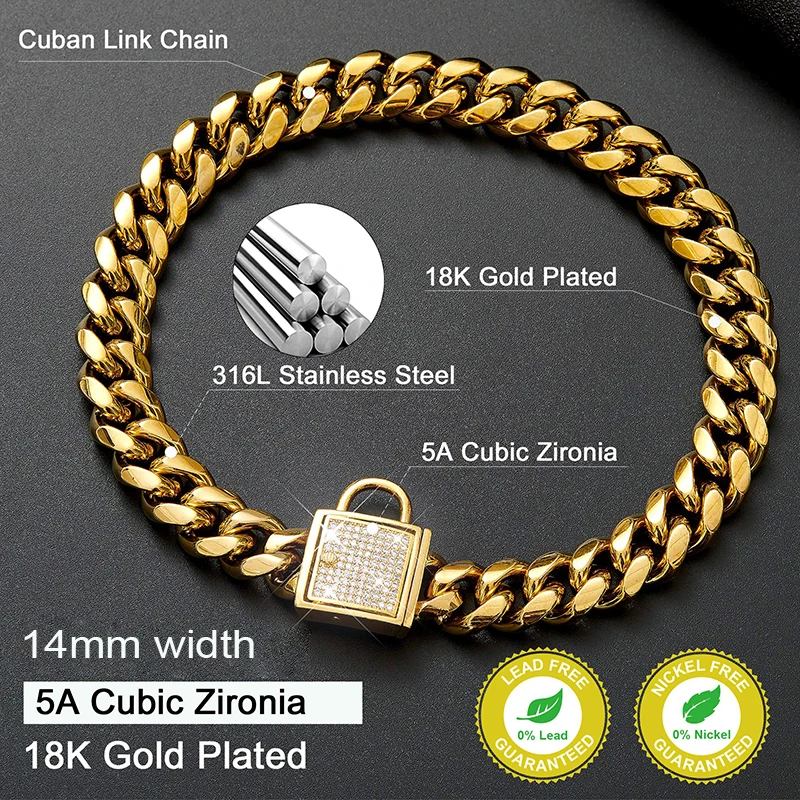 Cuban Link Dog Collar Designer rose Gold Chain Collar with Zirconia Locking 14mm Metal Puppy Collar Luxury Dog Bling Necklace