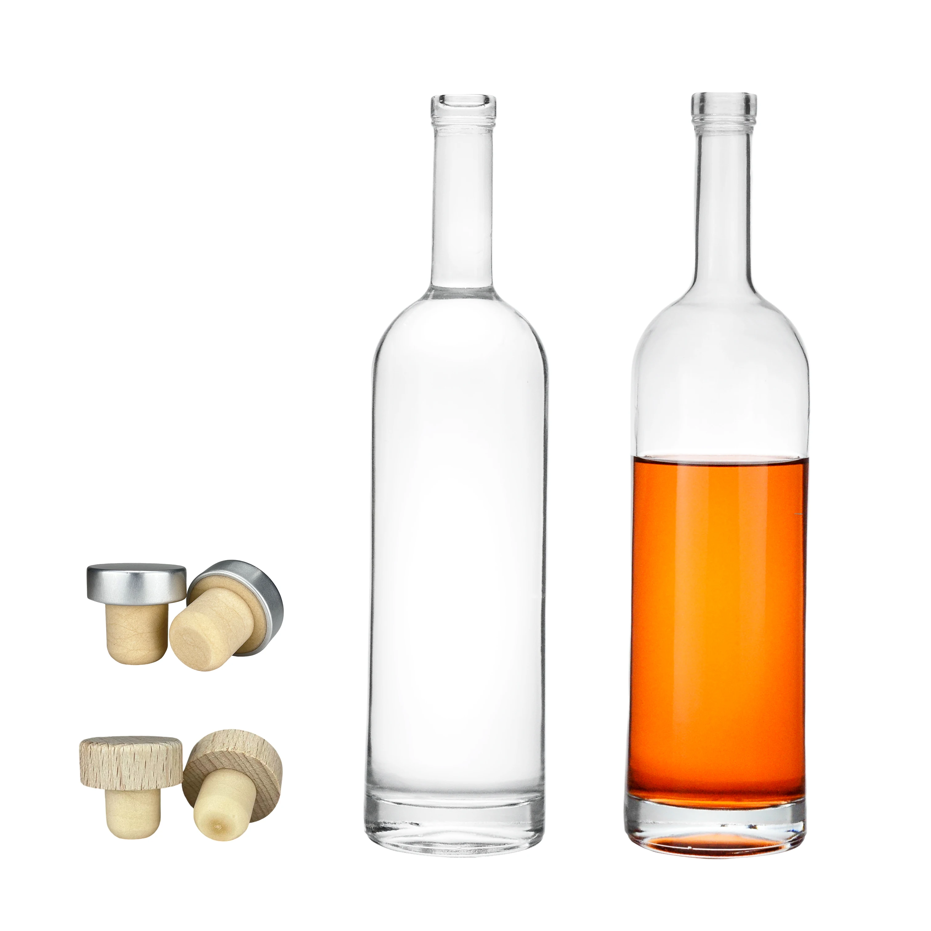Custom Clear round 750ml Flint Glass Wine Bottle with Cork Wooden Cap for Whisky Vodka Tequila Other Liquids Packaged in Box