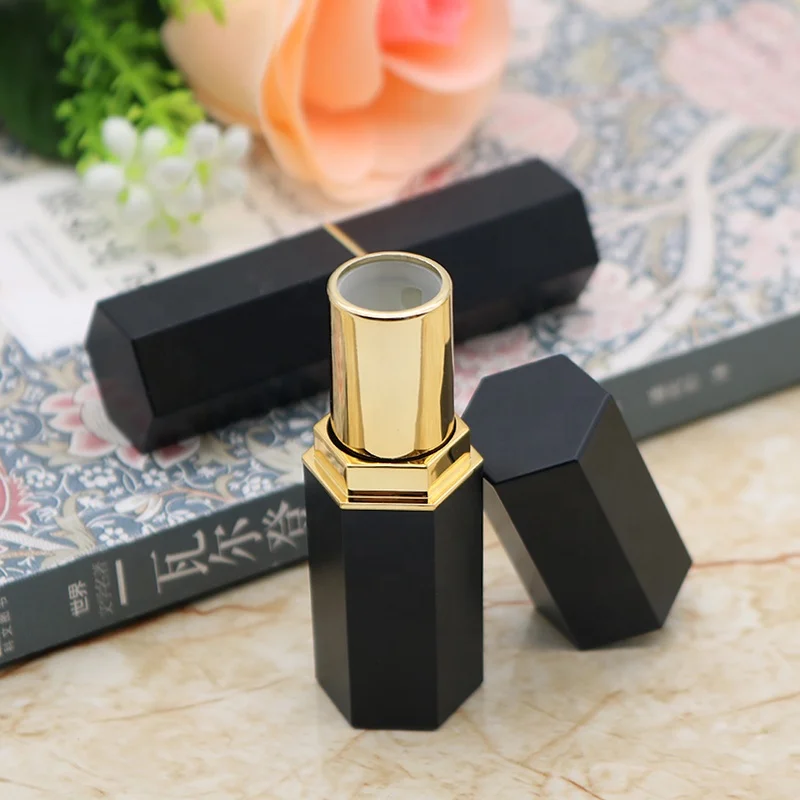  private label new design plastic hot sale hexagon shape makeup container no logo matte black lipstick case for