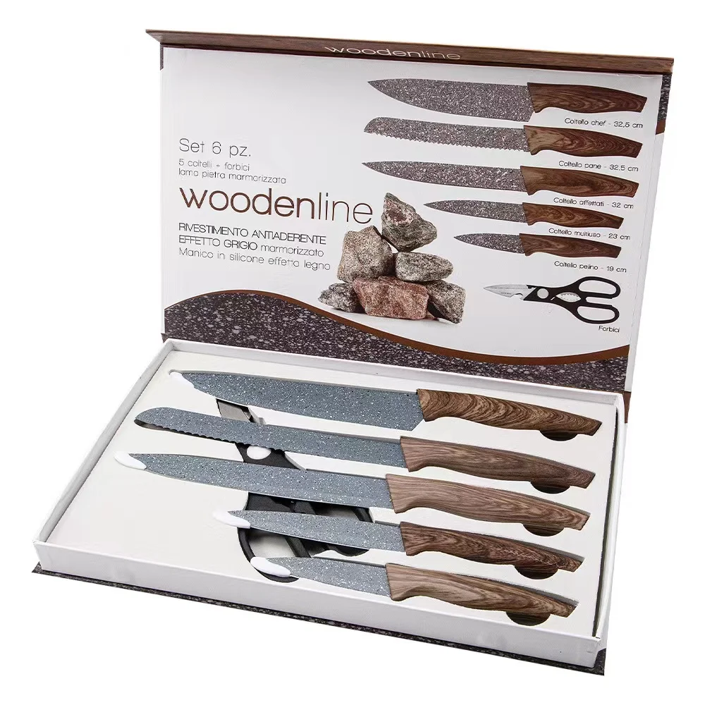 Kitchen Accessories 6pcs Non-stick Coating Knife Set With Gift Box For Kitchen Knife Set with Universal Knife Block Holder