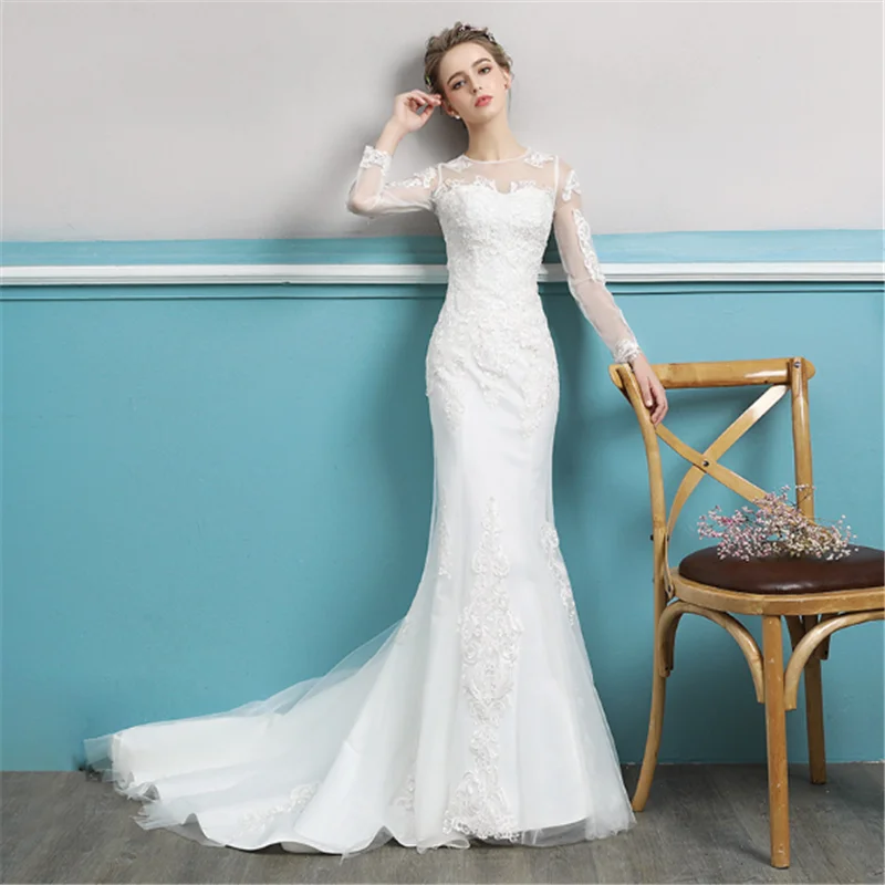 2020 vestidos de novia illusion long sleeves elegant princess mermaid long train bridal gown wedding dress