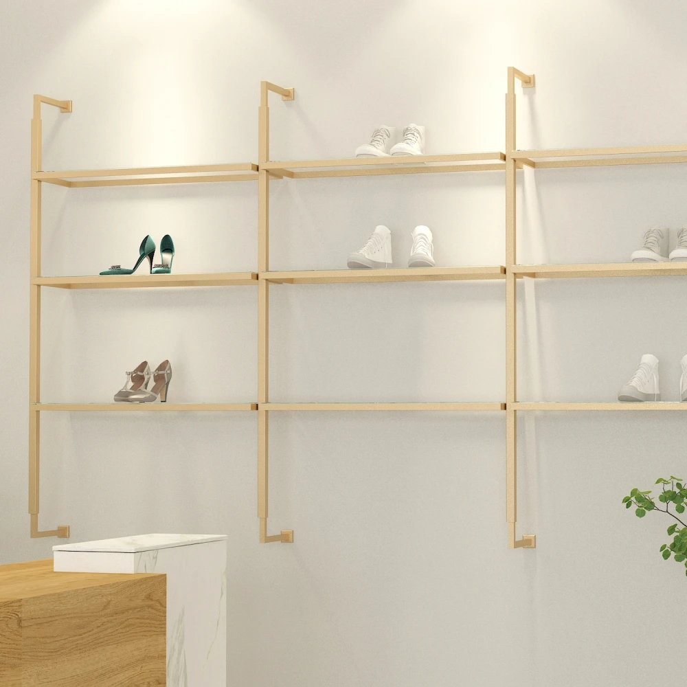 Custom Wall rack store metal Boutique Gold Shoe display racks Handbag  Metal Shelf Women Store Display Stands for Clothes Shops