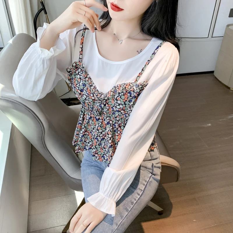
Chiffon Blouse Elegant O Neck Women Bubble Long Sleeve patchwork Blouse Korean Fashion Ladies Sweet Floral Peplum Blouse 