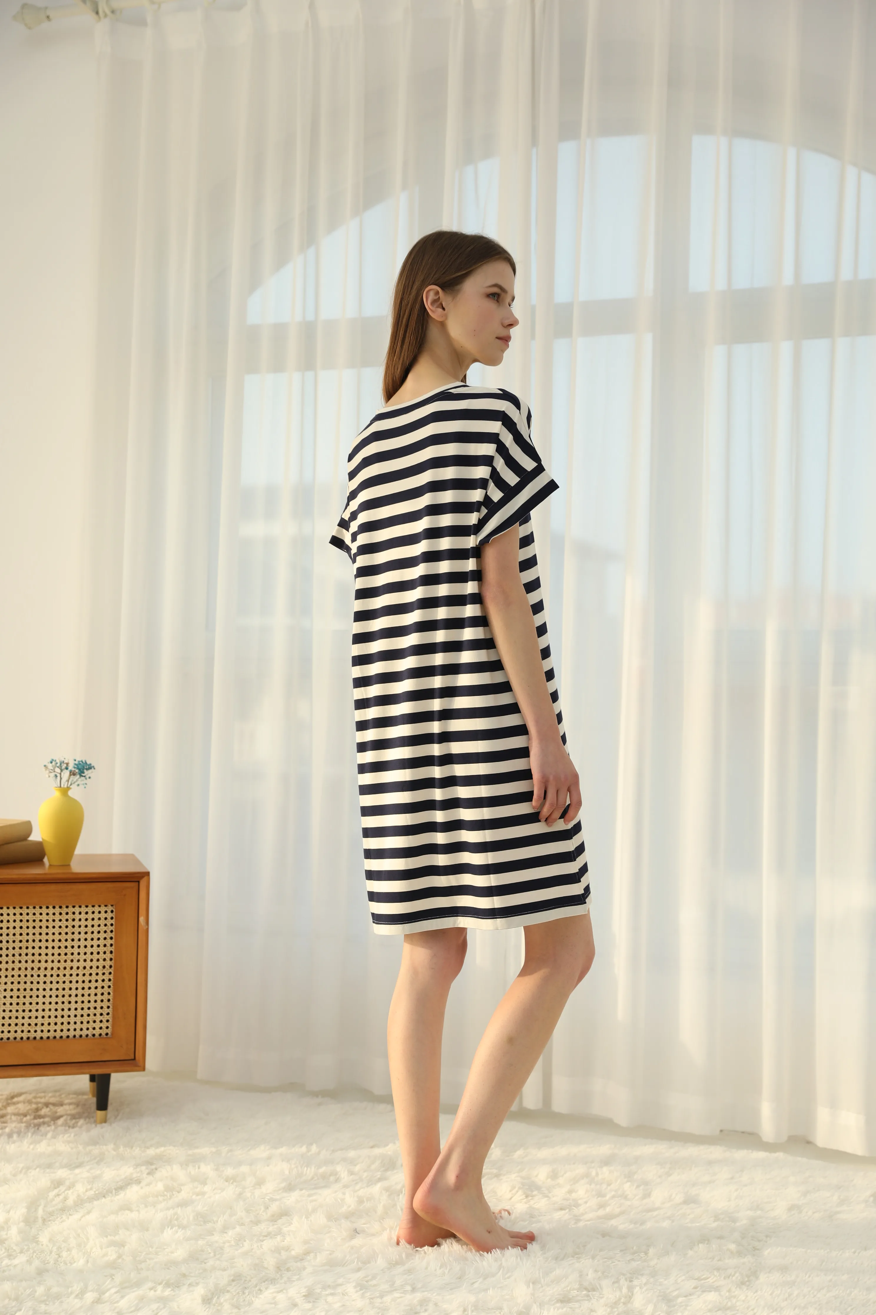 Custom Striped Sleepwear Summer Short Sleeve Women Nightwear Cotton Night Dress V Neck Bamboo Nightgowns