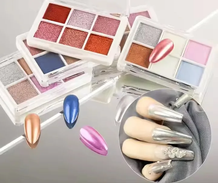 Destly New 6 Colors Per Set Mirror Metal Chrome Rose Aurora Holographic Pigment Pressed Solid Nail Powder