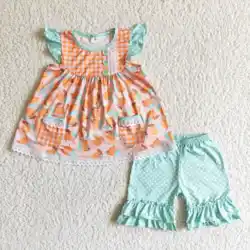 girl short sleeve tunic top dot ruffle shorts 2pieces set kids high quality summer outfit with lace
