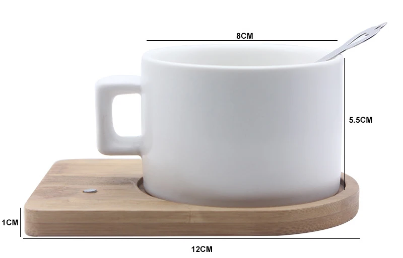 RubbySub 6oz Stone Ceramic Coffee Cup White Porcelain Tea Cup with Bamboo Plate and Metal Spoon