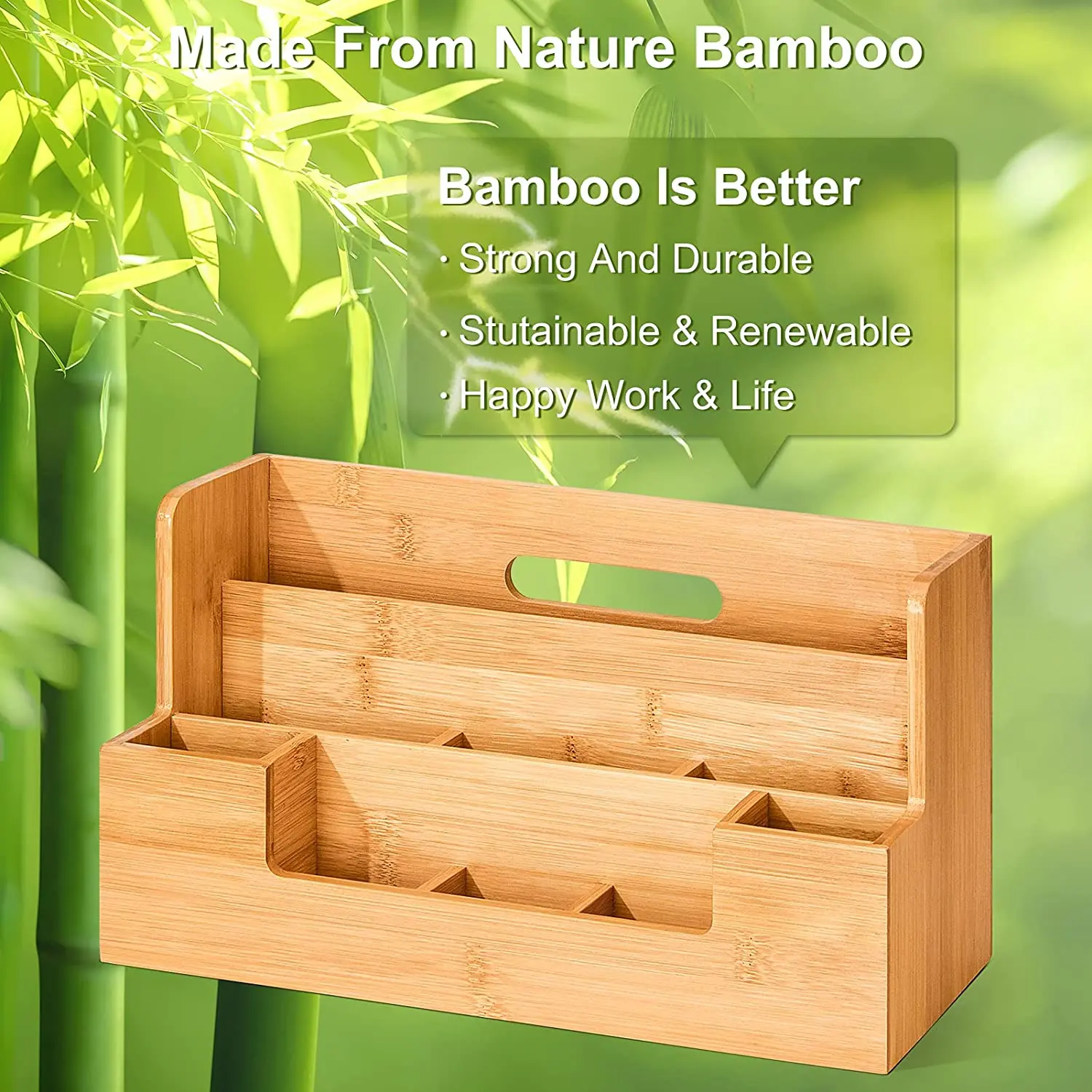Bamboo Desk Organizer All-in-One Office Desk File Organizer With Pen Holder, 9 Compartment Organizer