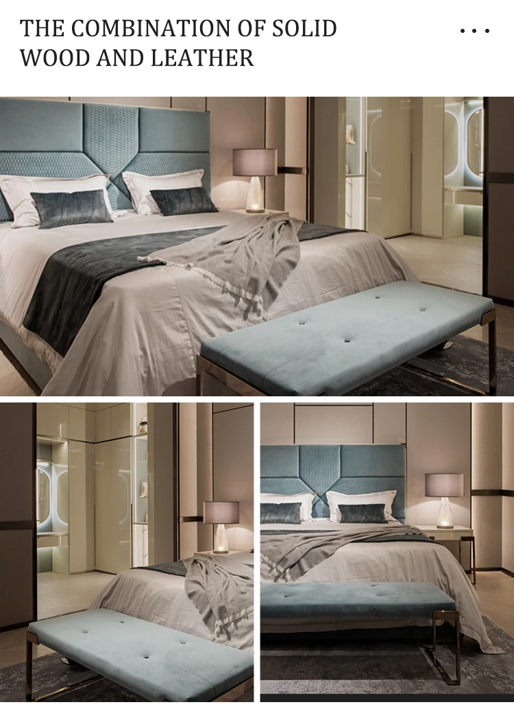 Modern Luxury European Bedroom Furniture The End Solid Wood Frame Leather Luxury Bed End Stool Bedroom