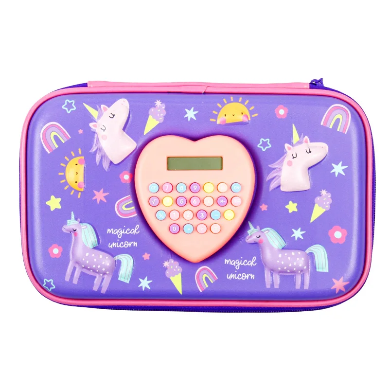 Colorful Hard Shell EVA Pencil Case Kids School Supplies Storage Heart-Shaped Calculator Unicorn Design Plastic Stationery Gift
