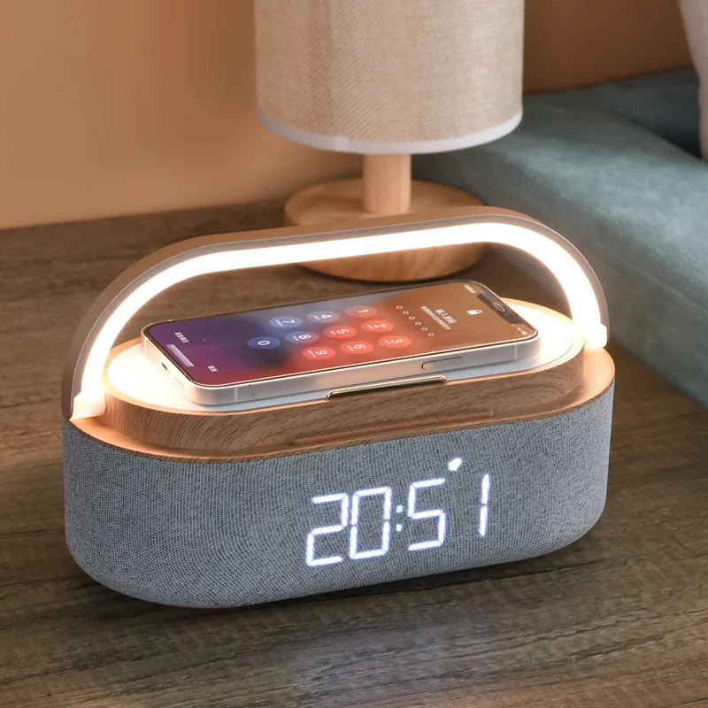 Best Selling 15W Wireless Charger Multifunction Night Light Alarm Clock Bluetooth Speaker Modern Design Bedroom Phone Holder