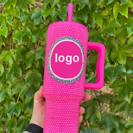 Bling 40oz tumbler with handle Rhinestone Diamond Straight Cup the Cow Pattern Water Bottle with Lid and Straws