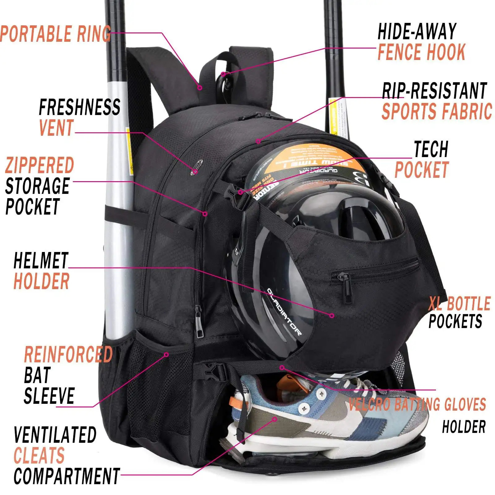 Custom Logo Large Capacity Shoes Compartment Bag Softball Bat Bagpack Sports Backpack  Baseball Backpacks