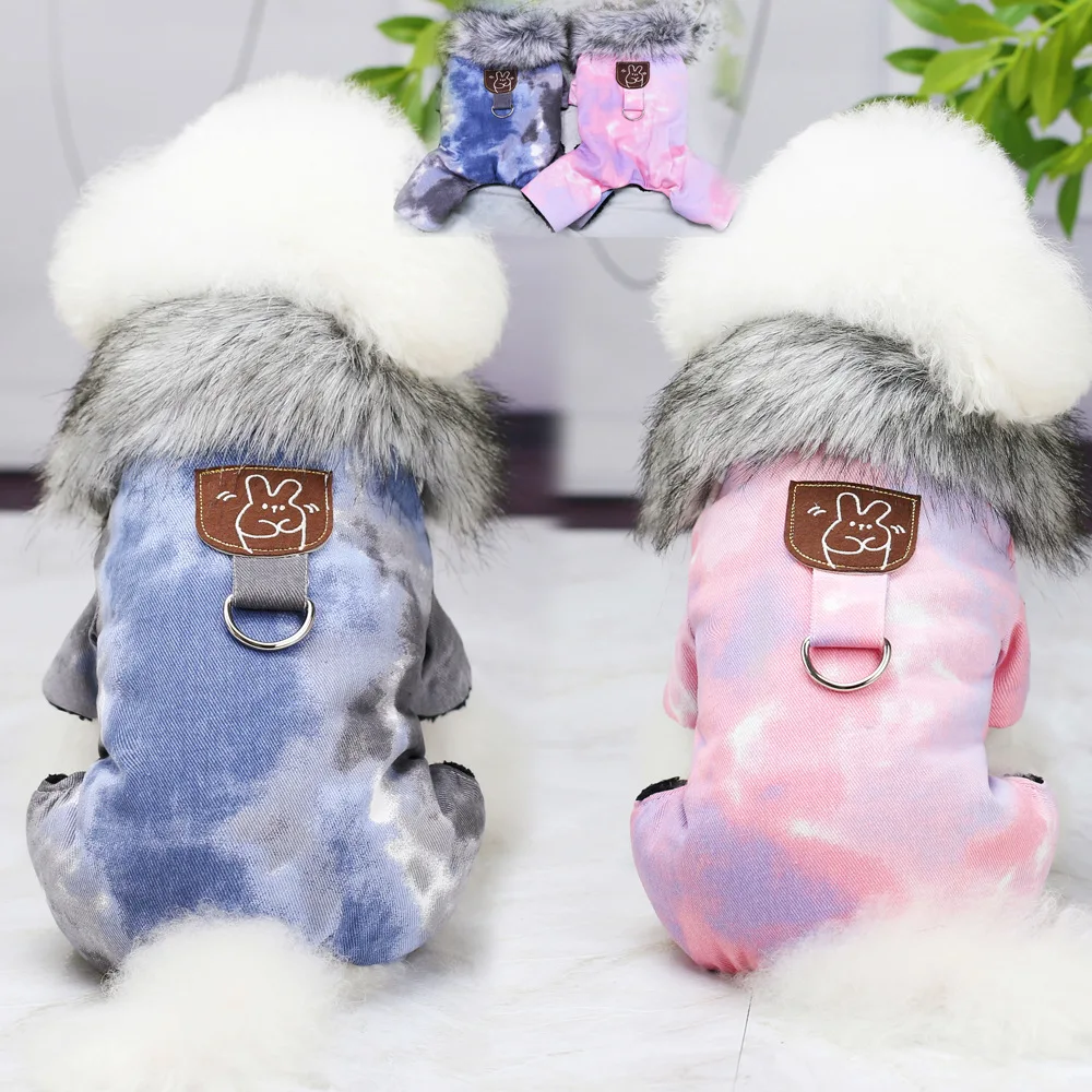 Four legged Jeans pet cotton padded clothes dogs Clothing belt traction hole go walk dog coat shop online wholesaler