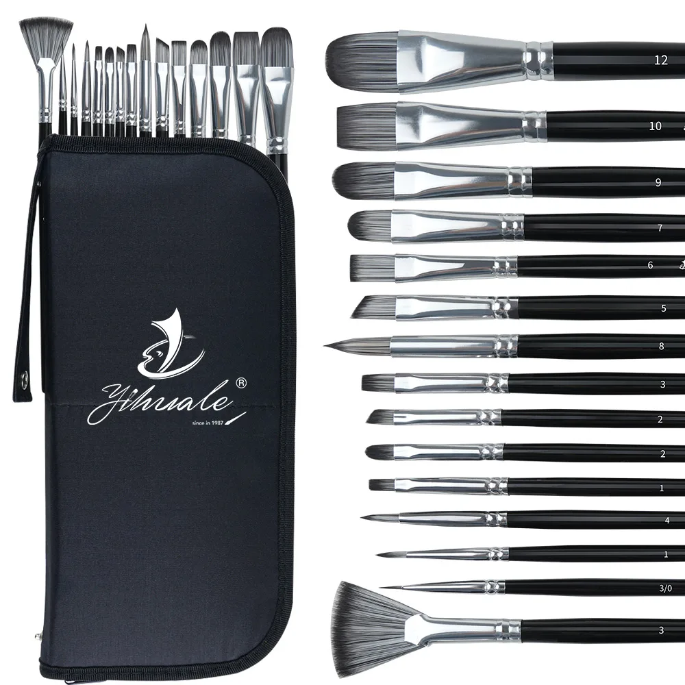 Wholesale 15 pcs art brushes kit round flat fan shape bristle nylon hair wood watercolor artist painting brushes with canvas bag