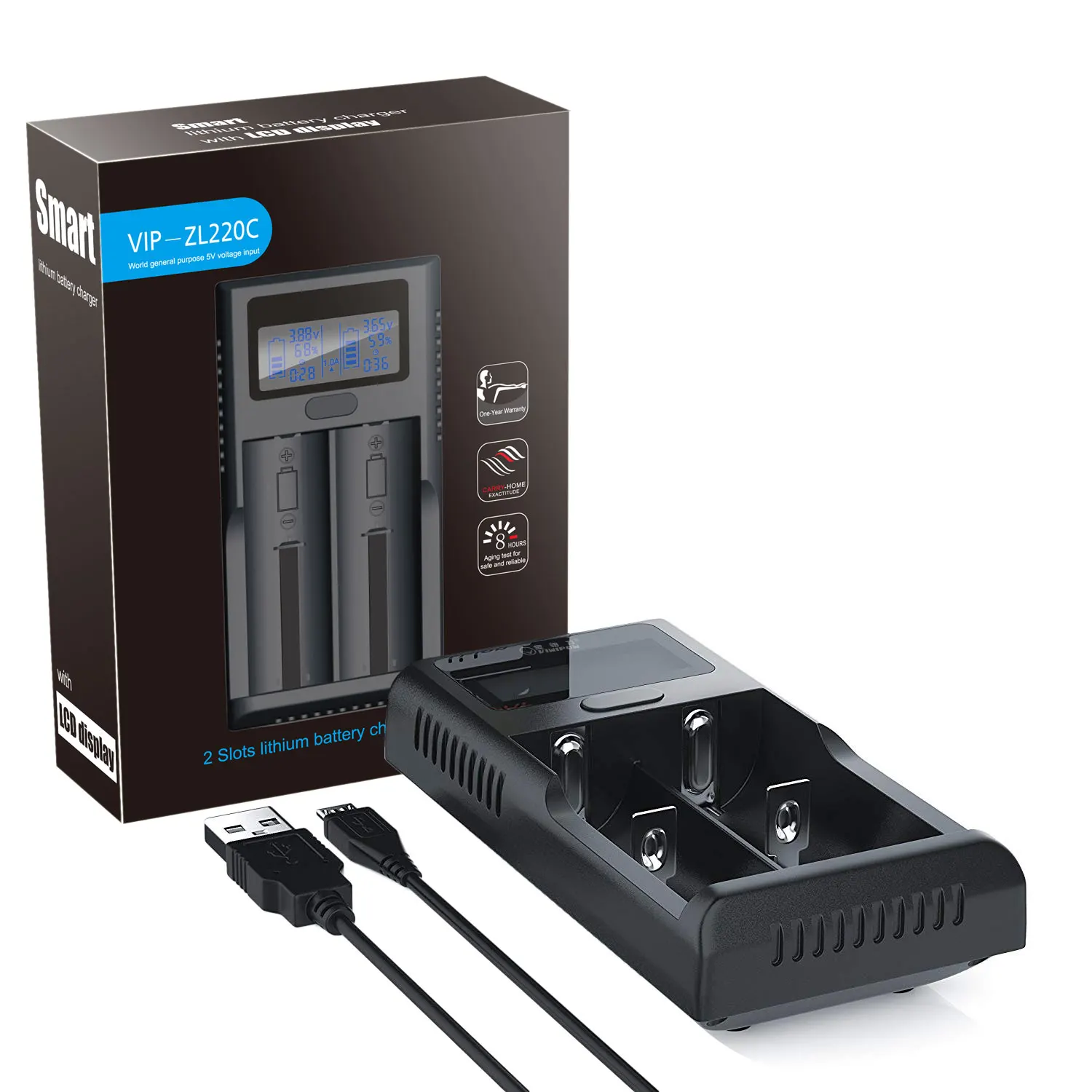 Интеллектуальное зарядное устройство USB с 2 слотами для литий-ионной батареи 18650