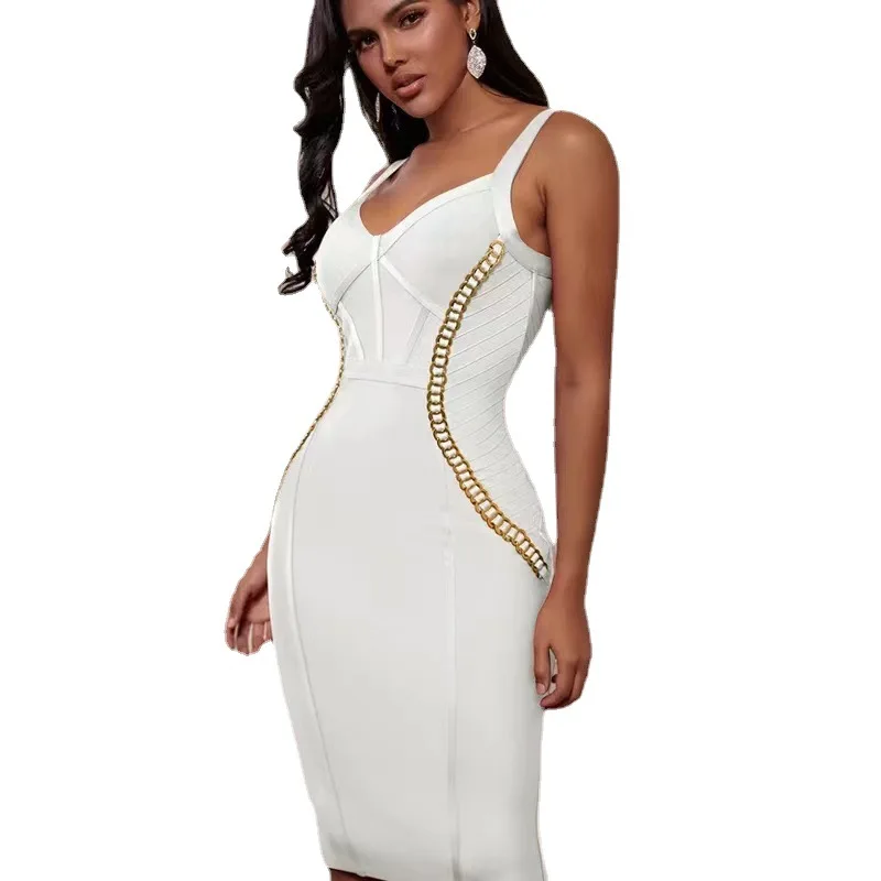 2023 High bandage dress with elegant thin shoulder straps gold chain club Bodycon evening dress
