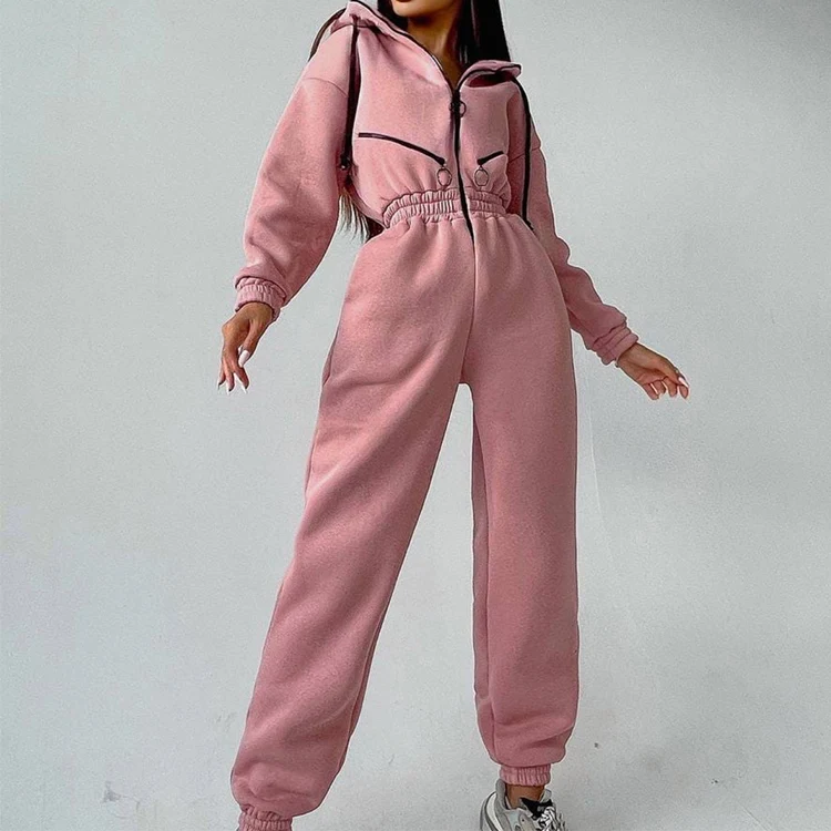 Fashion Women Casual Cotton Bodysuit Zip Up Hoodie Elastic Waist Jumpsuit