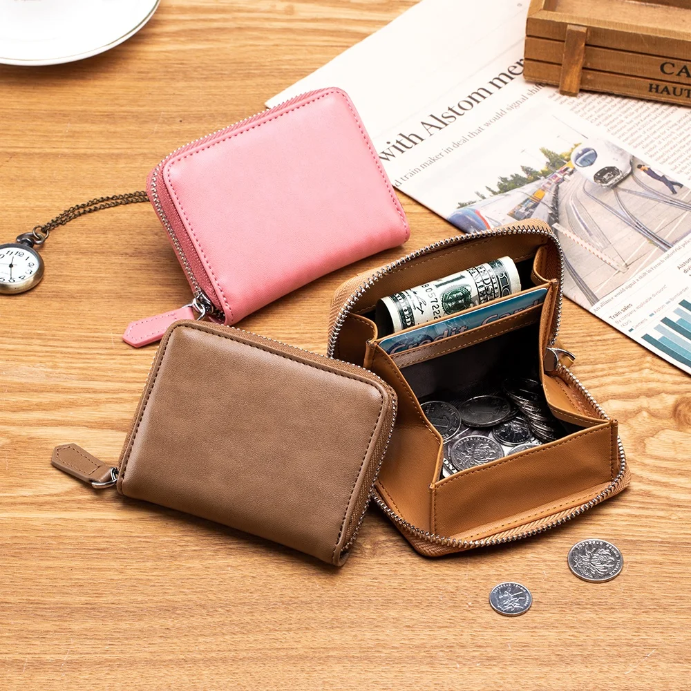 Designer Original Genuine Leather Front Pocket RFID Anti-theft Zipper Coin Holder Purse for Ladies