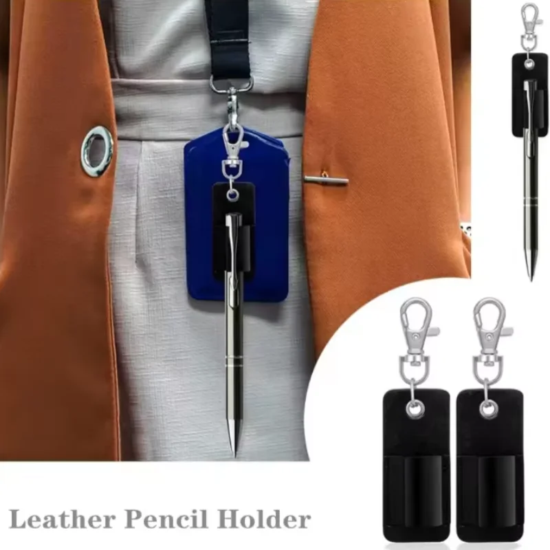 High Quality PU leather Business Staff Keychain Fashion Pencil Pen Holder Stationery Pen Pouch With Metal Keychain