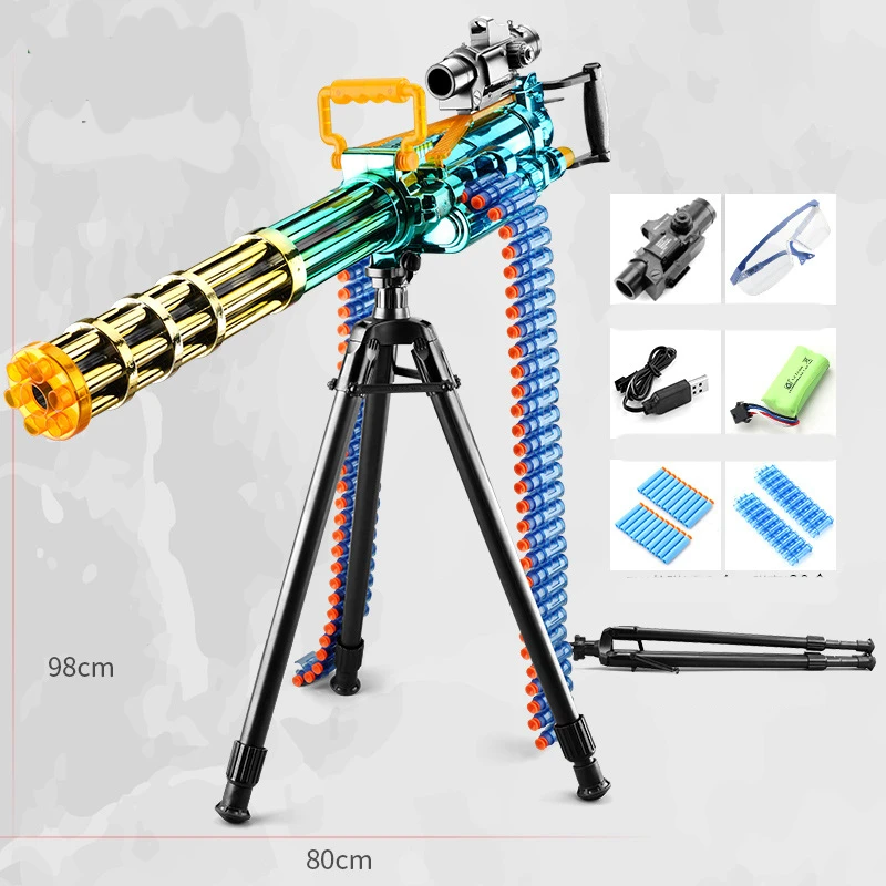 HUAMJ Amazon hot sale Safe electric DIY assembe soft bullet shooting tripod gold gatling toy gun soft bullet