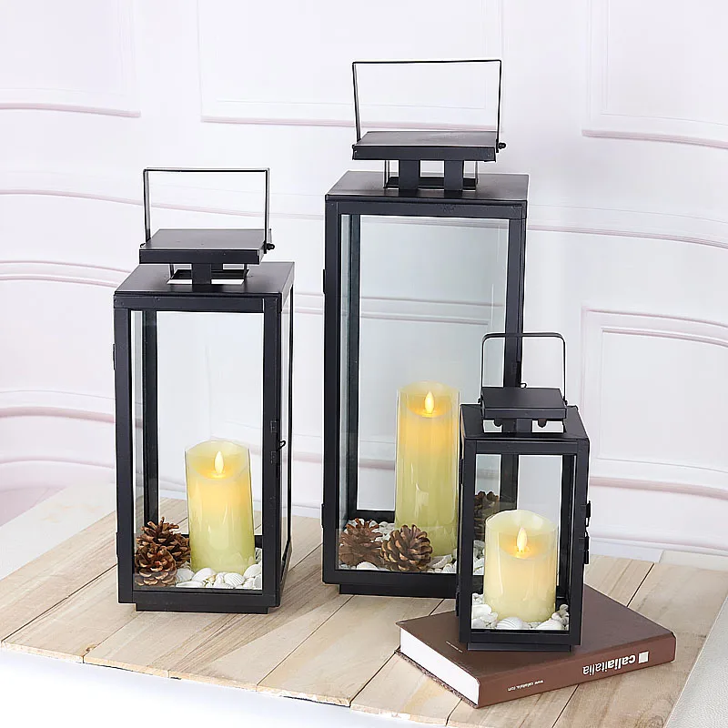 Wholesale European-style outdoor Black glass floor candlestick courtyard decor candlestick ornaments wrought iron art lanterns