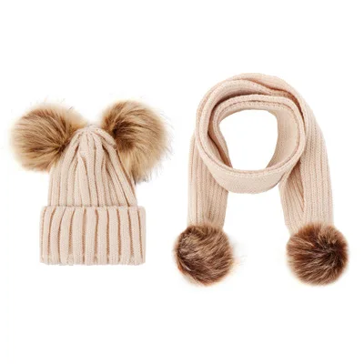 Winter Boy Girls Knitted Hat And Scarf Set Simplicity Kids Artificial Fur Pompom Knitted Beanie Ski Hat